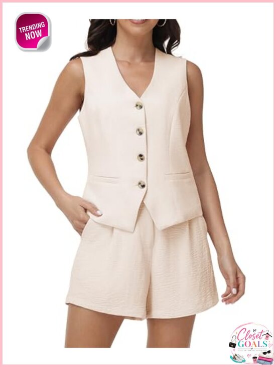 Jackets & Blazers - Women's 2 Piece Summer Vest & Shorts Set Polyester Sleeveless Casual Outfit